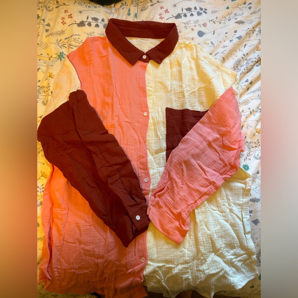 Pink and red button up shirt, no brand no size on garment estimated XL